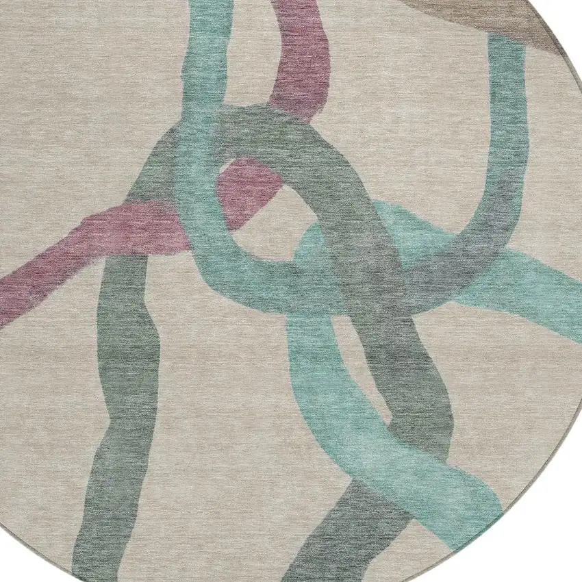 8' Tan Blue And Mauve Round Abstract Washable Indoor Outdoor Area Rug Photo 2