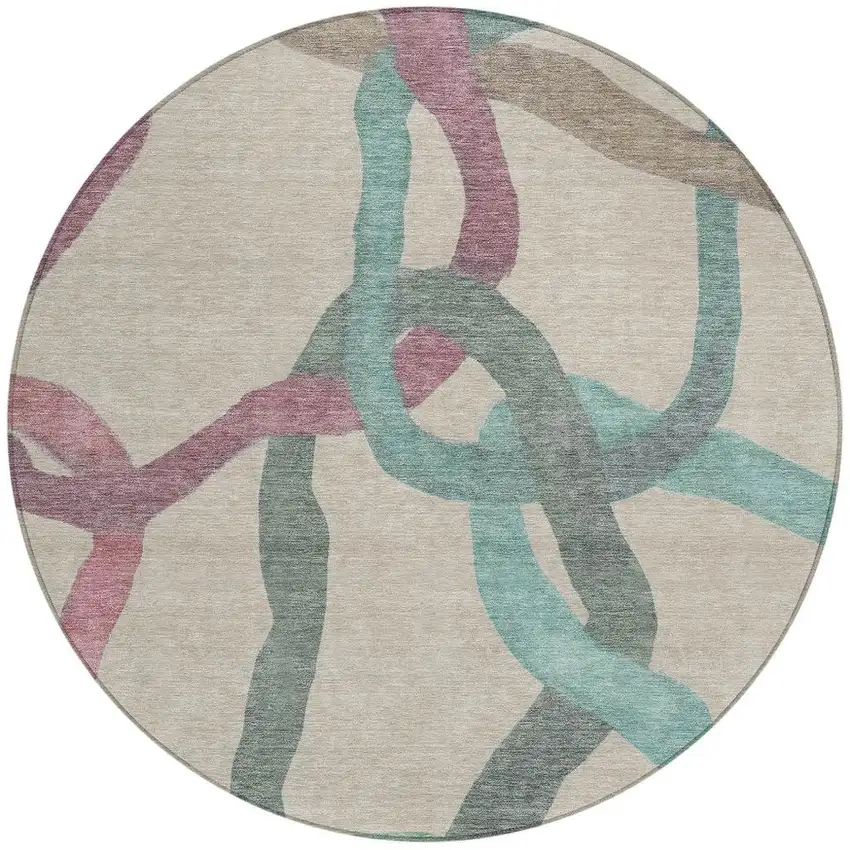 8' Tan Blue And Mauve Round Abstract Washable Indoor Outdoor Area Rug Photo 3
