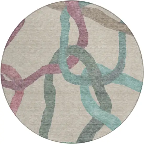 8' Tan Blue And Mauve Round Abstract Washable Indoor Outdoor Area Rug Photo 1