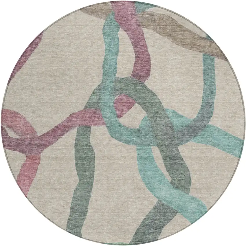 8' Tan Blue And Mauve Round Abstract Washable Indoor Outdoor Area Rug Photo 1