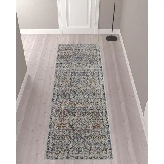 10' Tan Blue And Orange Floral Power Loom Distressed Runner Rug With Fringe Photo 2