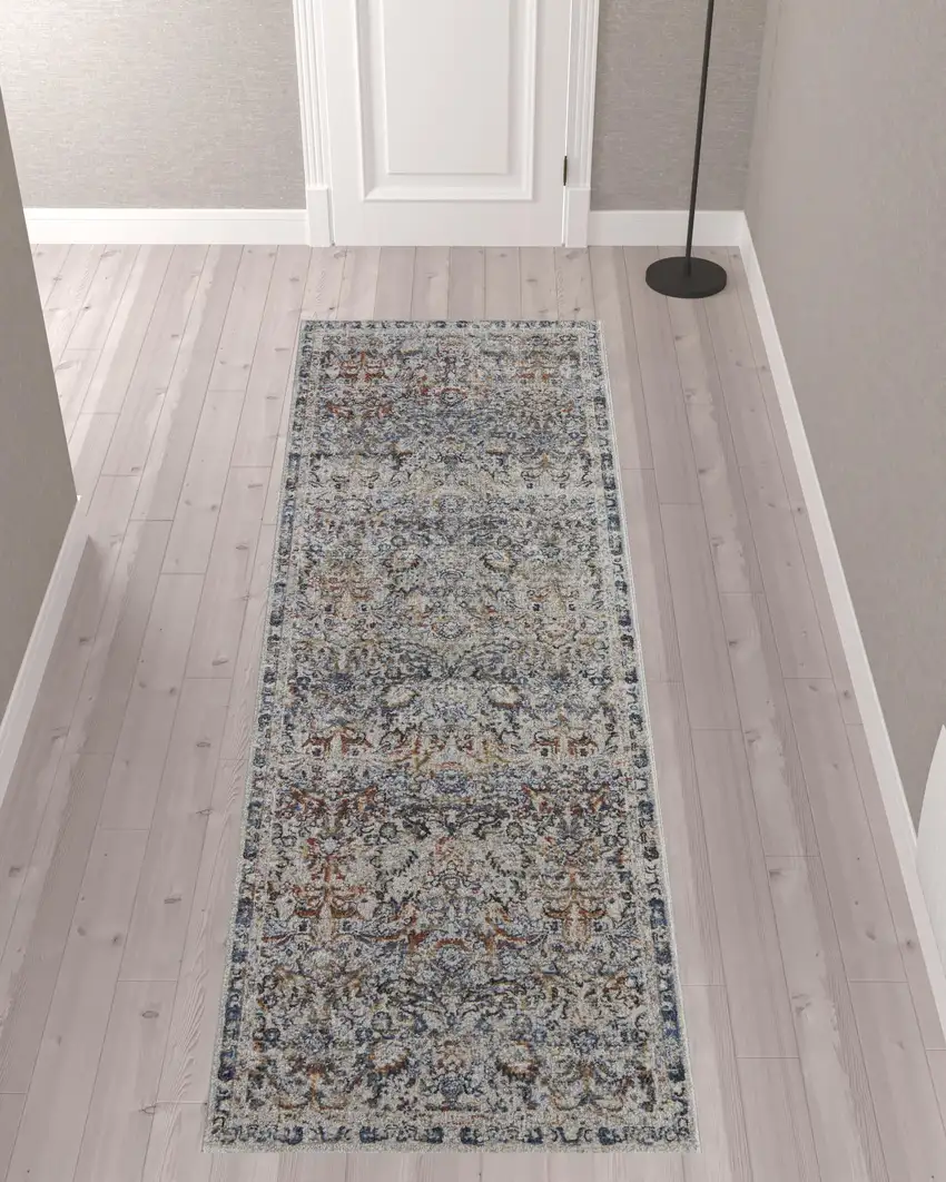 10' Tan Blue And Orange Floral Power Loom Distressed Runner Rug With Fringe Photo 2