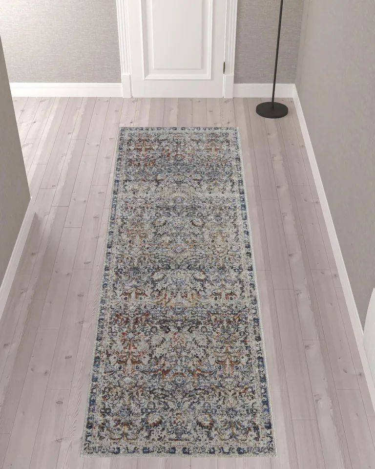 10' Tan Blue And Orange Floral Power Loom Distressed Runner Rug With Fringe Photo 2