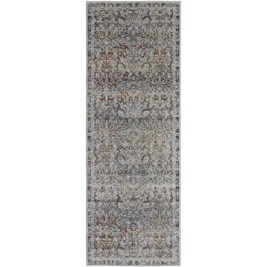 10' Tan Blue And Orange Floral Power Loom Distressed Runner Rug With Fringe Photo 1