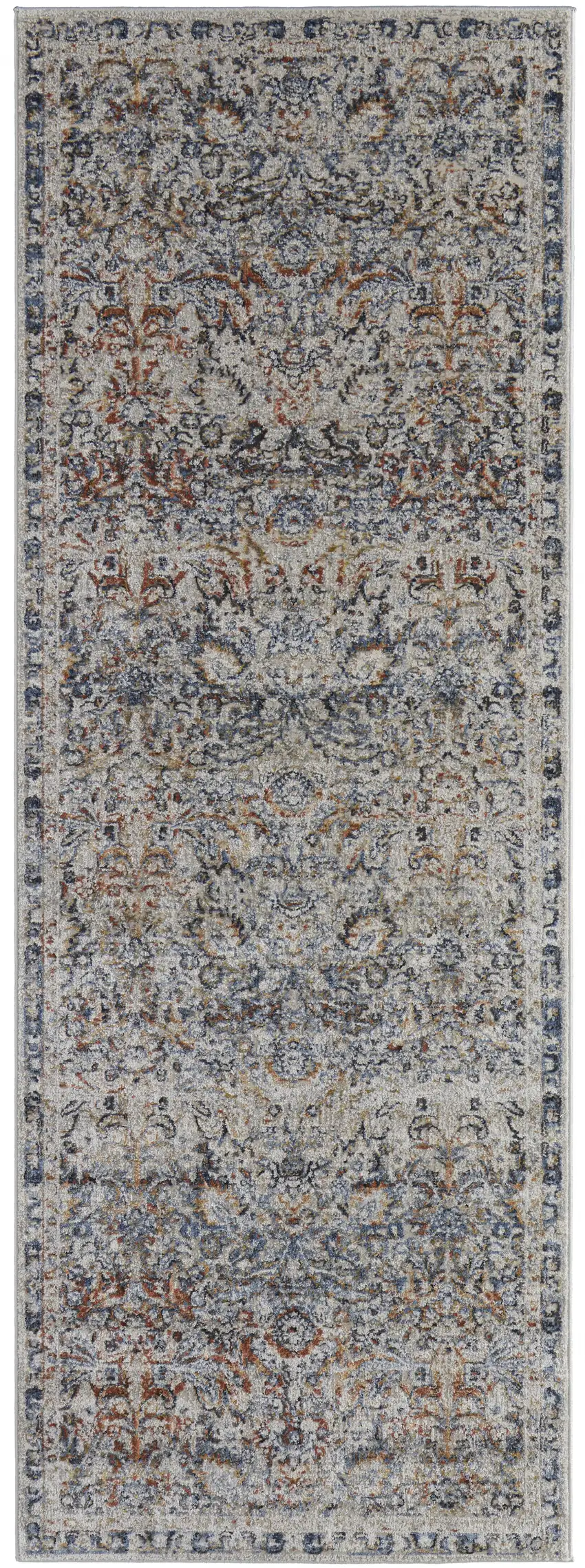 10' Tan Blue And Orange Floral Power Loom Distressed Runner Rug With Fringe Photo 1