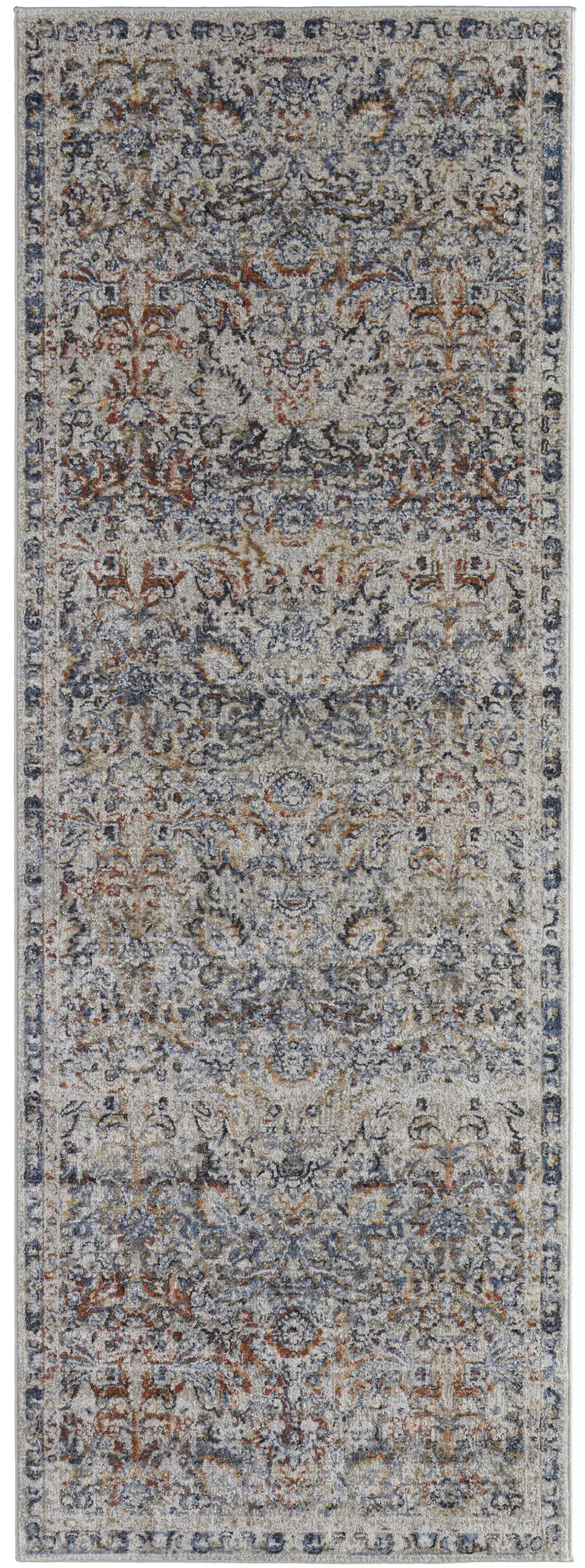 10' Tan Blue And Orange Floral Power Loom Distressed Runner Rug With Fringe Photo 1
