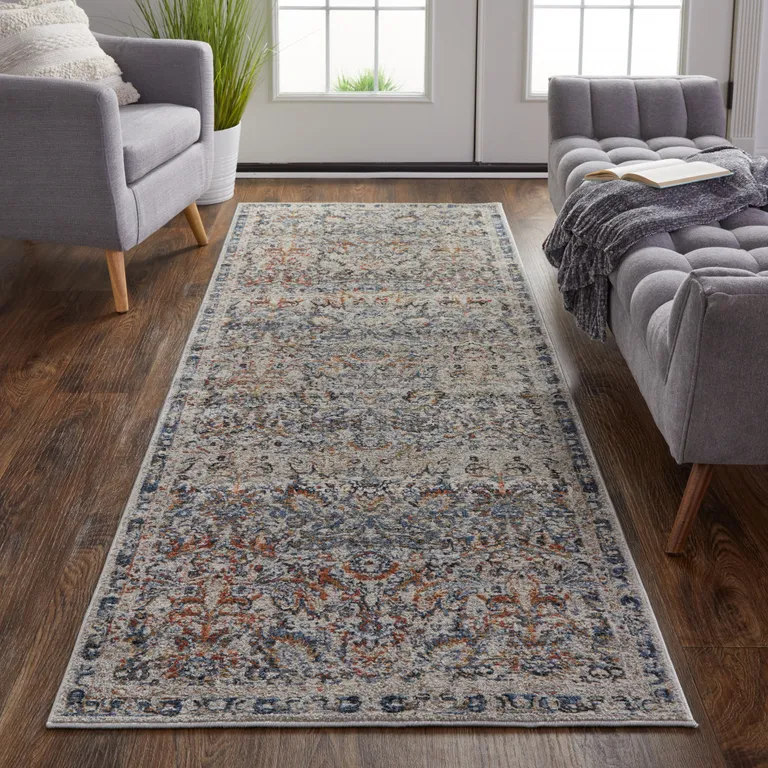 12' Tan Blue And Orange Floral Power Loom Distressed Runner Rug With Fringe Photo 4