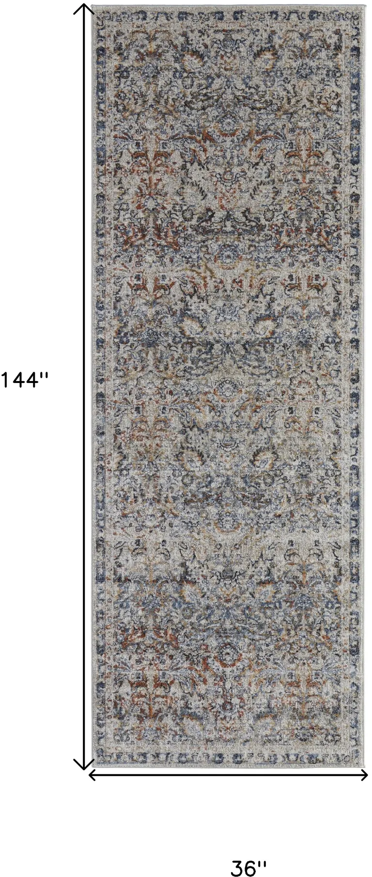 12' Tan Blue And Orange Floral Power Loom Distressed Runner Rug With Fringe Photo 5