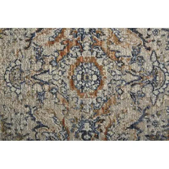 12' Tan Blue And Orange Floral Power Loom Distressed Runner Rug With Fringe Photo 7