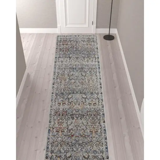 12' Tan Blue And Orange Floral Power Loom Distressed Runner Rug With Fringe Photo 2