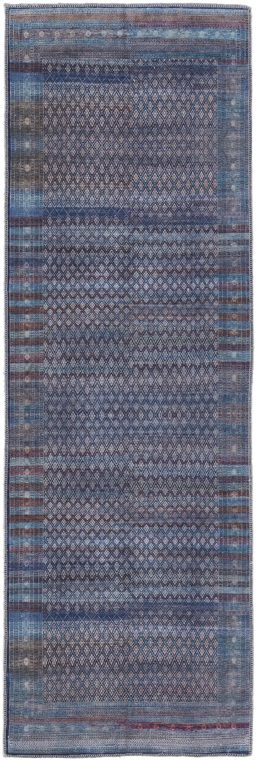 8' Tan Blue And Pink Striped Power Loom Runner Rug Photo 1