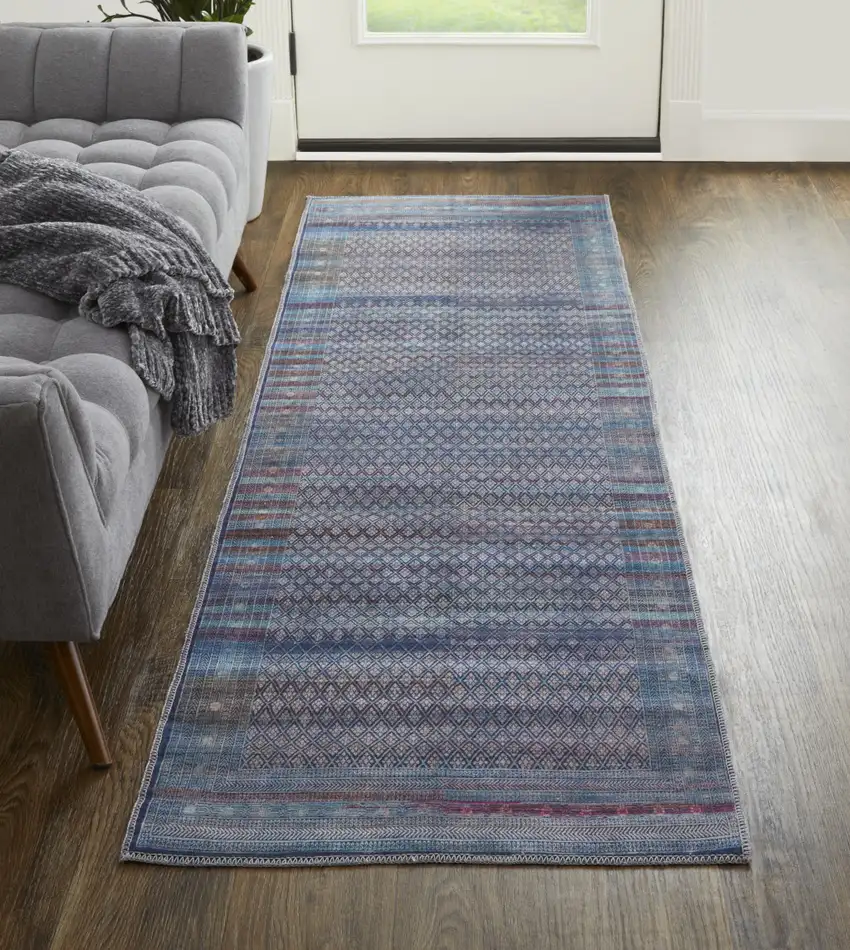 8' Tan Blue And Pink Striped Power Loom Runner Rug Photo 2