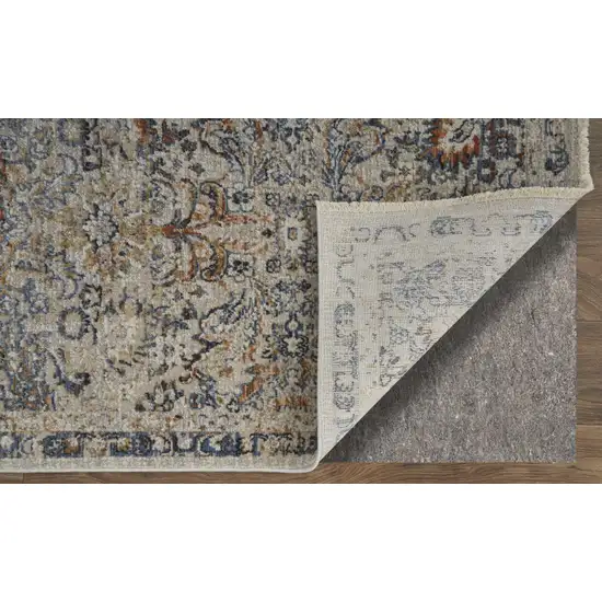 10' Tan Blue and Brown Damask Power Loom Runner Rug With Fringe Photo 9