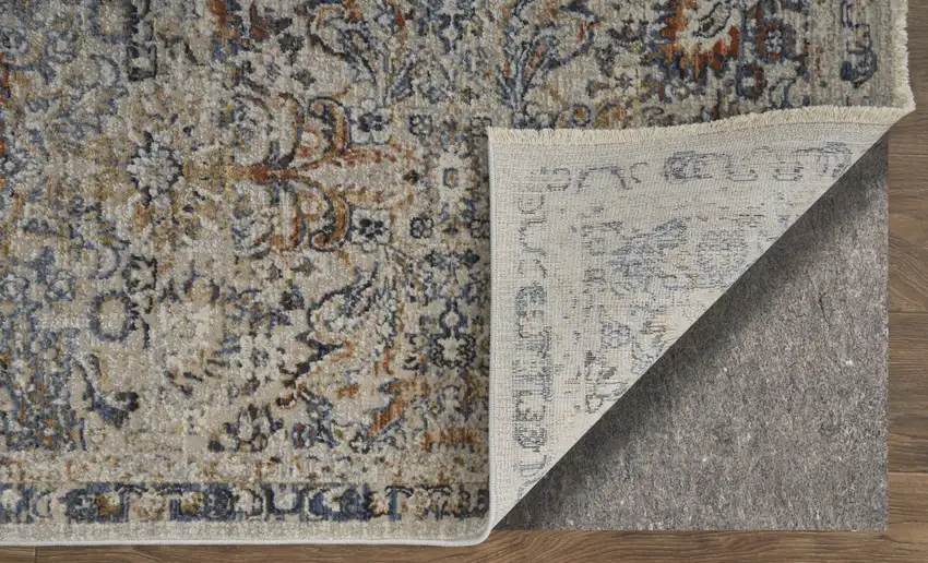 10' Tan Blue and Brown Damask Power Loom Runner Rug With Fringe Photo 9