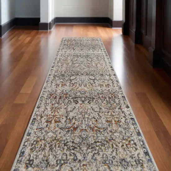 10' Tan Blue and Brown Damask Power Loom Runner Rug With Fringe Photo 1