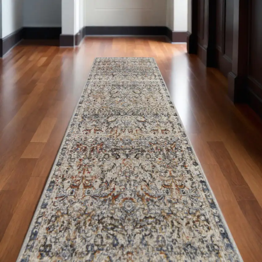 10' Tan Blue and Brown Damask Power Loom Runner Rug With Fringe Photo 1