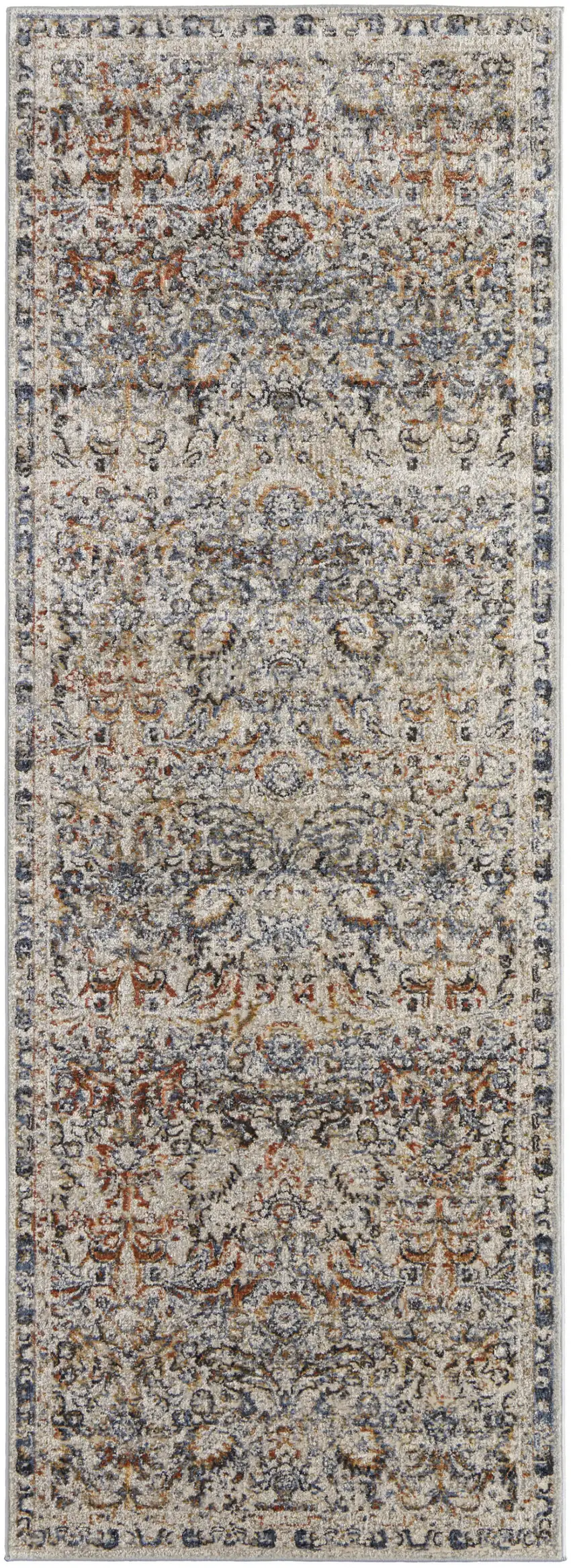 10' Tan Blue and Brown Damask Power Loom Runner Rug With Fringe Photo 2