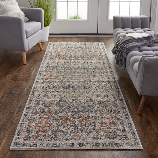10' Tan Blue and Brown Damask Power Loom Runner Rug With Fringe Photo 6