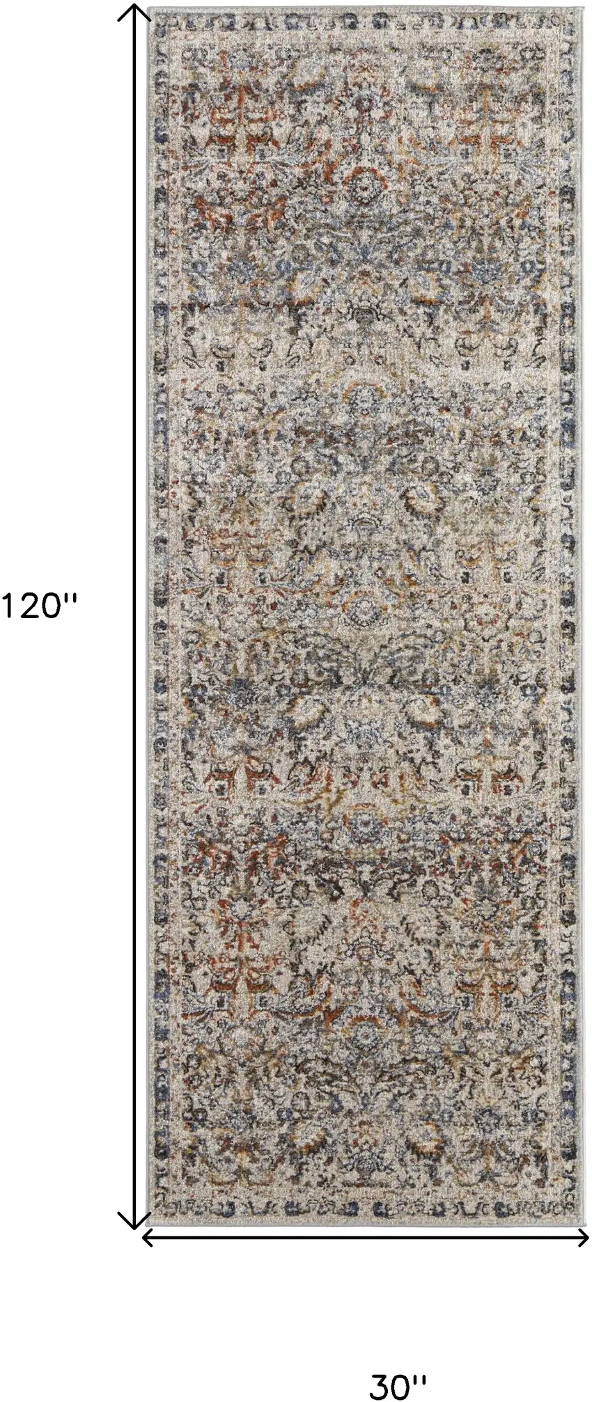 10' Tan Blue and Brown Damask Power Loom Runner Rug With Fringe Photo 3