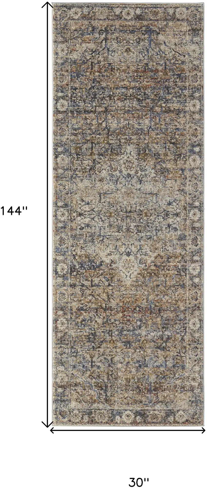 12' Tan Blue and Brown Oriental Power Loom Runner Rug With Fringe Photo 3