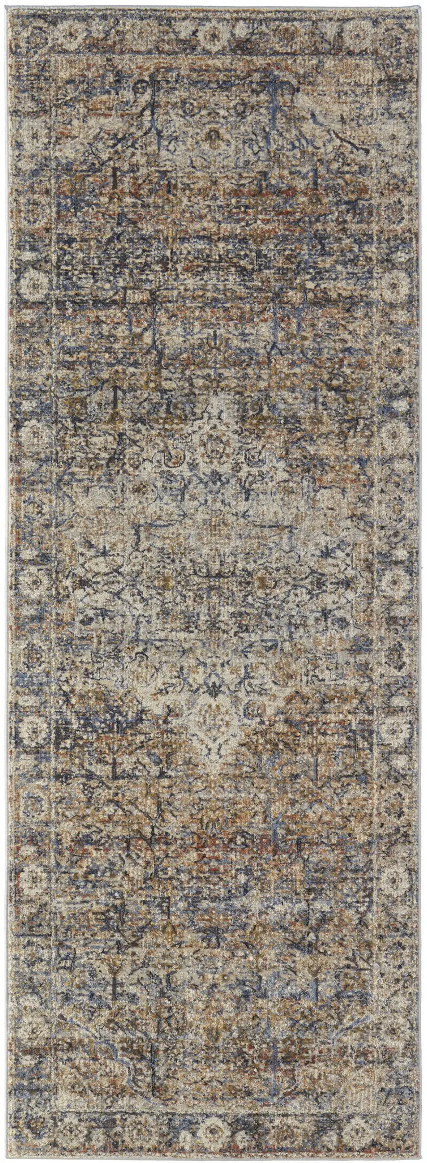 12' Tan Blue and Brown Oriental Power Loom Runner Rug With Fringe Photo 2
