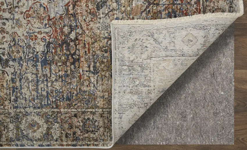 12' Tan Blue and Brown Oriental Power Loom Runner Rug With Fringe Photo 9