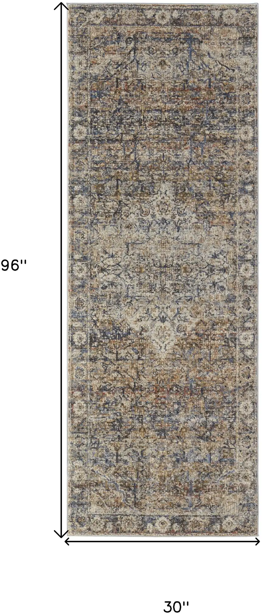 8' Tan Blue and Brown Oriental Power Loom Runner Rug With Fringe Photo 3