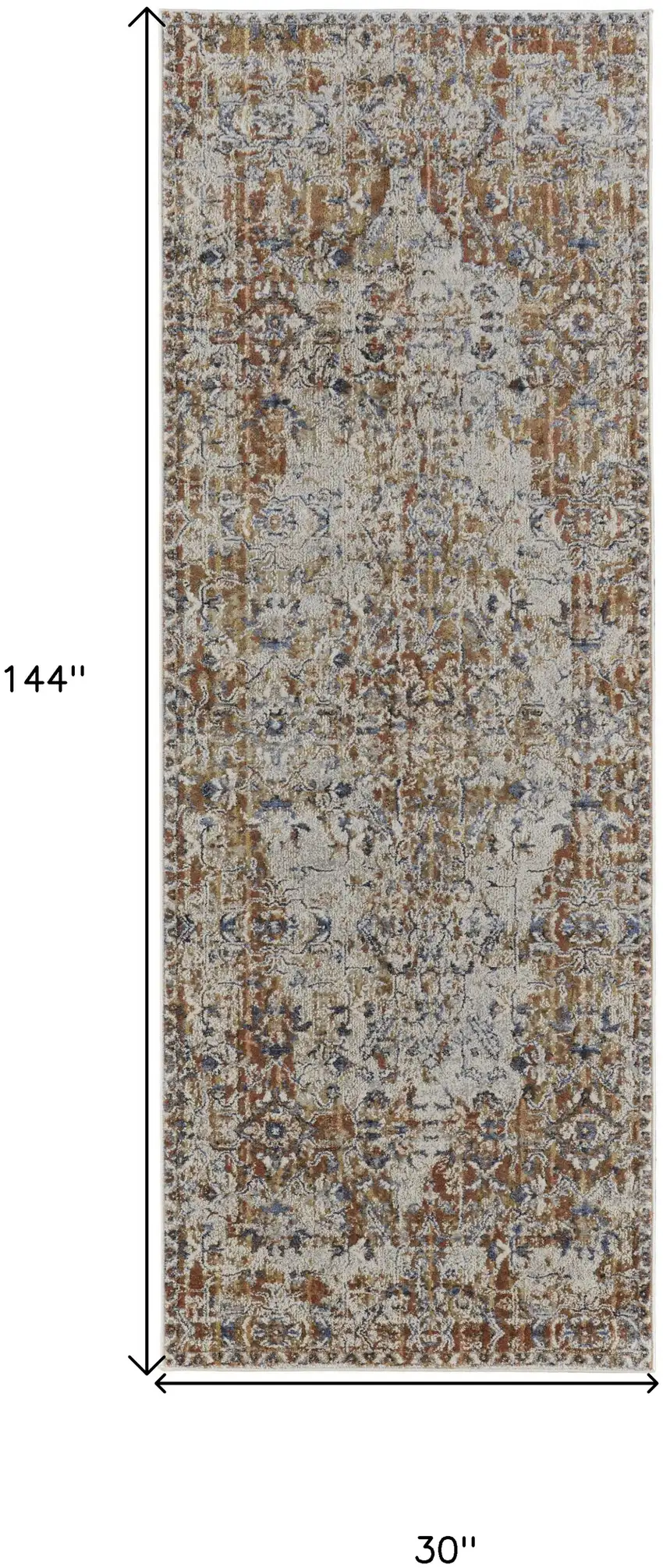 12' Tan Blue and Brown Oriental Power Loom Worn Faded Runner Rug With Fringe Photo 3