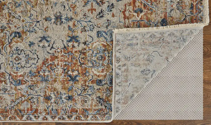 12' Tan Blue and Brown Oriental Power Loom Worn Faded Runner Rug With Fringe Photo 4