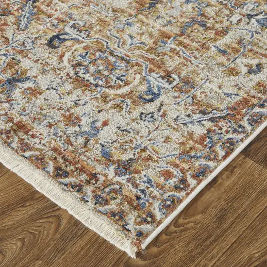 12' Tan Blue and Brown Oriental Power Loom Worn Faded Runner Rug With Fringe Photo 5
