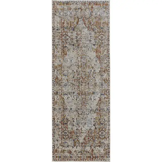 12' Tan Blue and Brown Oriental Power Loom Worn Faded Runner Rug With Fringe Photo 2