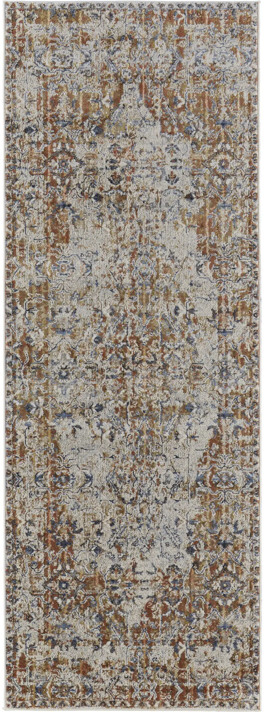 12' Tan Blue and Brown Oriental Power Loom Worn Faded Runner Rug With Fringe Photo 2