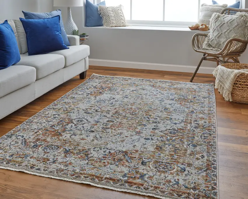 12' Tan Blue and Brown Oriental Power Loom Worn Faded Runner Rug With Fringe Photo 6