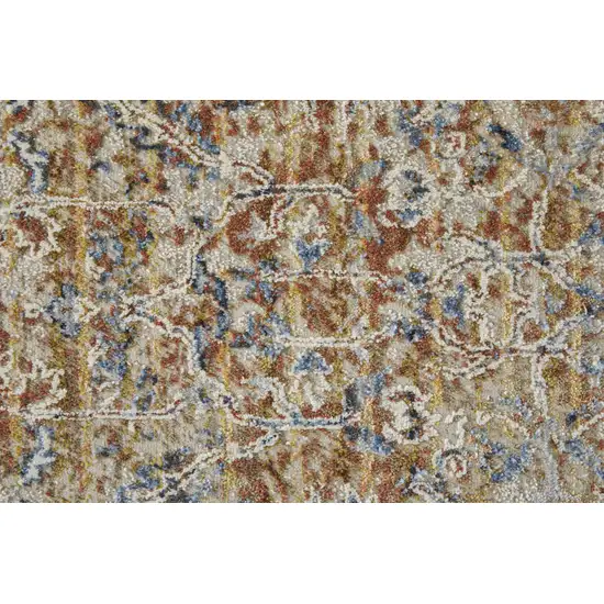12' Tan Blue and Brown Oriental Power Loom Worn Faded Runner Rug With Fringe Photo 8