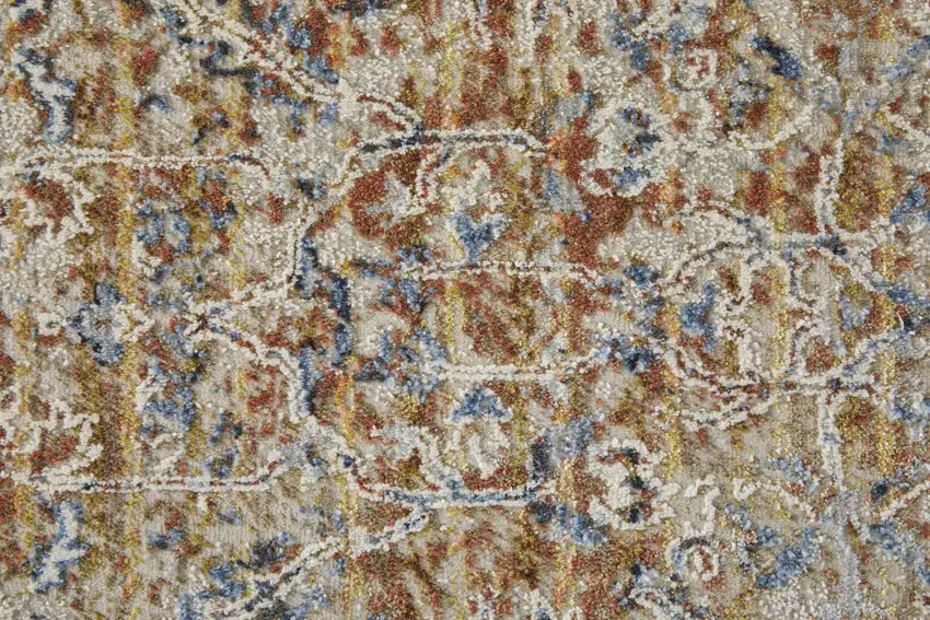 12' Tan Blue and Brown Oriental Power Loom Worn Faded Runner Rug With Fringe Photo 8