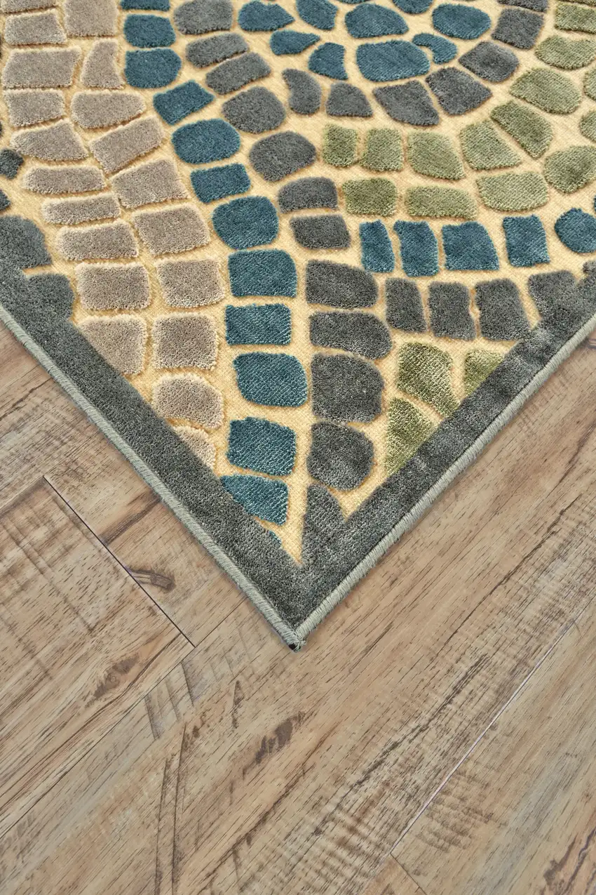 8' Tan Blue and Green Geometric Power Loom Runner Rug Photo 4