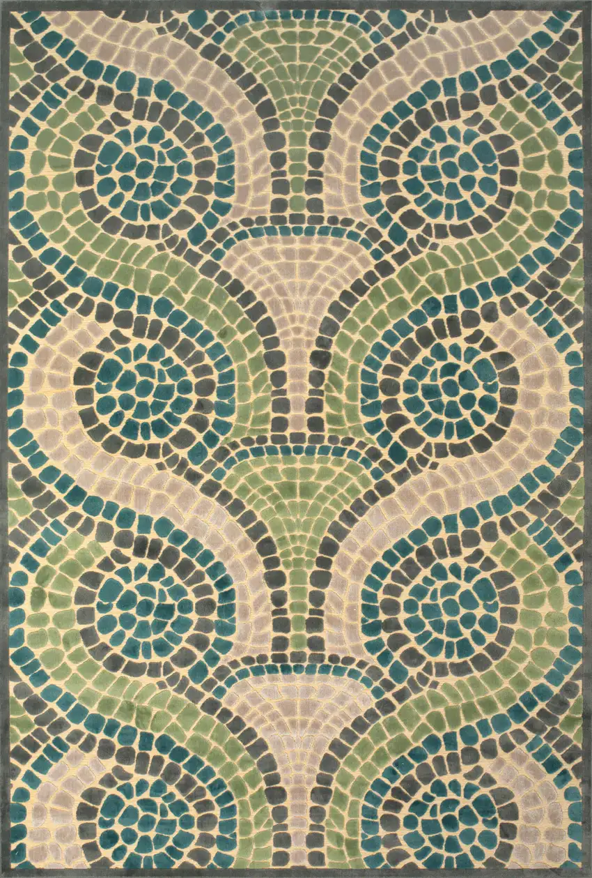 8' Tan Blue and Green Geometric Power Loom Runner Rug Photo 6