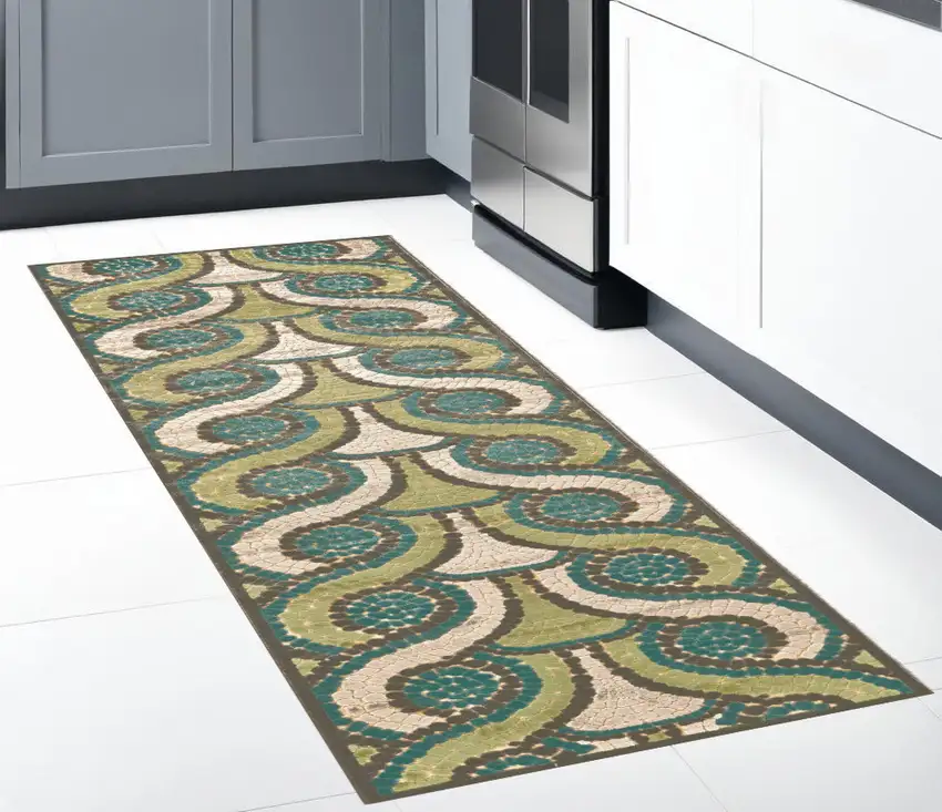 8' Tan Blue and Green Geometric Power Loom Runner Rug Photo 1