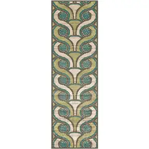 Photo of 8' Tan Blue and Green Geometric Power Loom Runner Rug