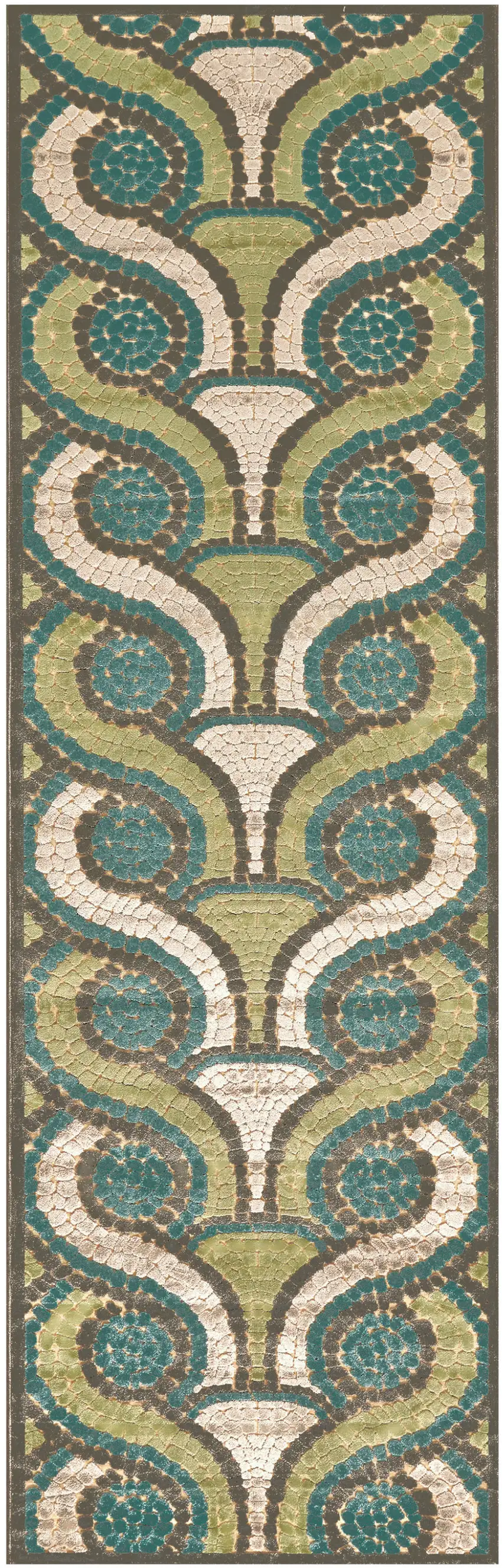 8' Tan Blue and Green Geometric Power Loom Runner Rug Photo 2