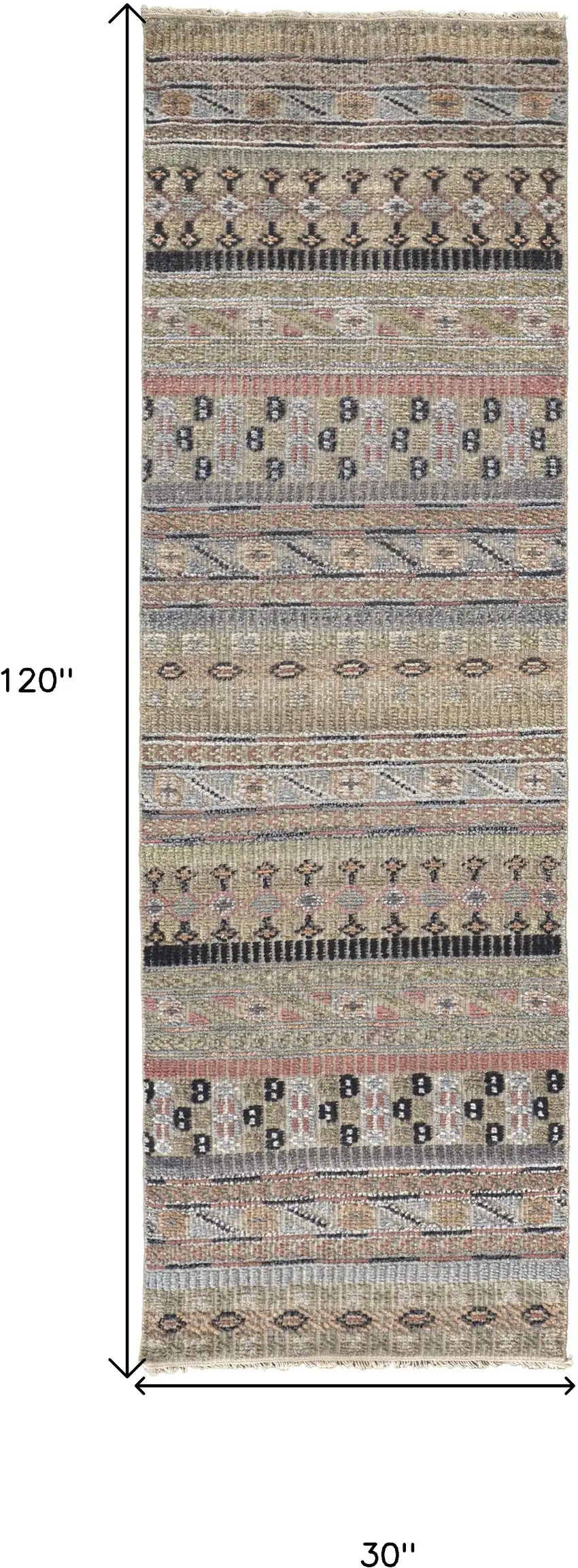 10' Tan Blue and Orange Striped Hand Knotted Runner Rug Photo 3