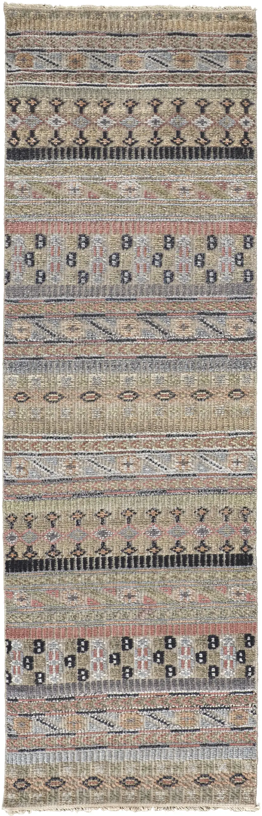 10' Tan Blue and Orange Striped Hand Knotted Runner Rug Photo 2