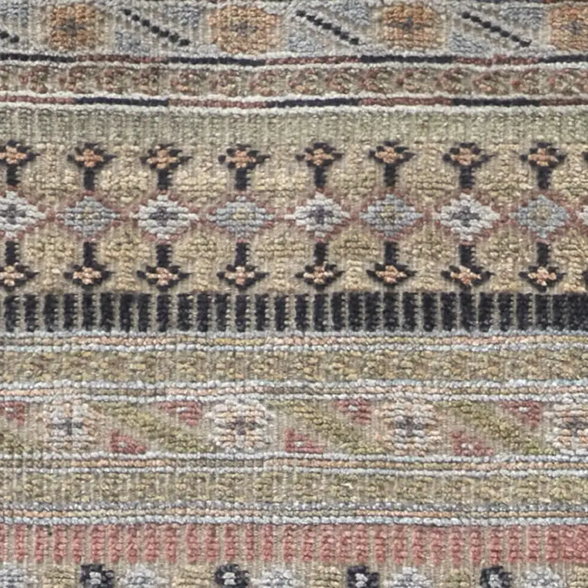 8' Tan Blue and Orange Striped Hand Knotted Runner Rug Photo 7