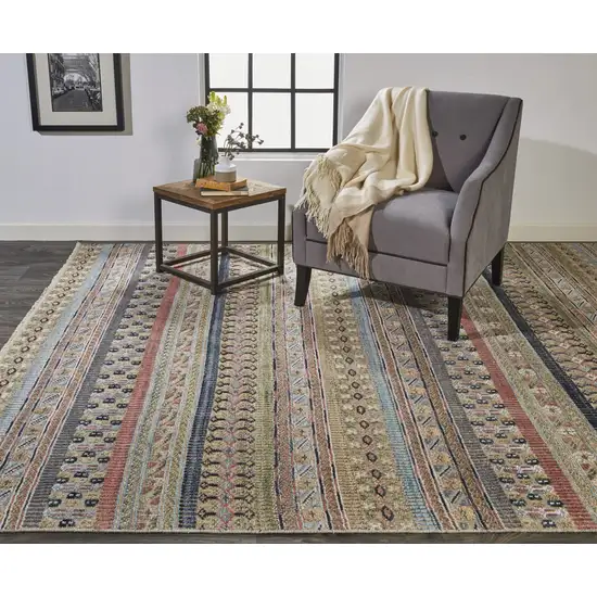 8' Tan Blue and Orange Striped Hand Knotted Runner Rug Photo 9