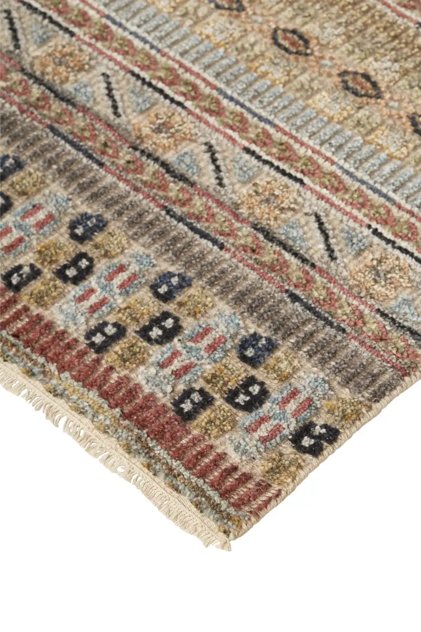 8' Tan Blue and Orange Striped Hand Knotted Runner Rug Photo 5
