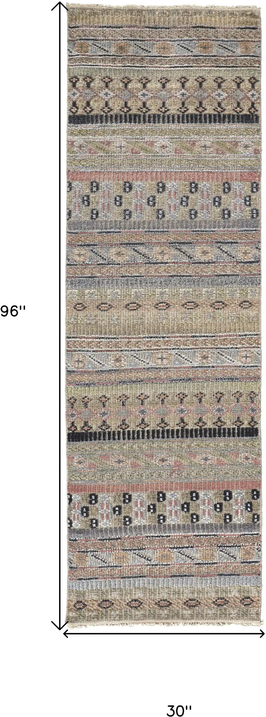 8' Tan Blue and Orange Striped Hand Knotted Runner Rug Photo 3