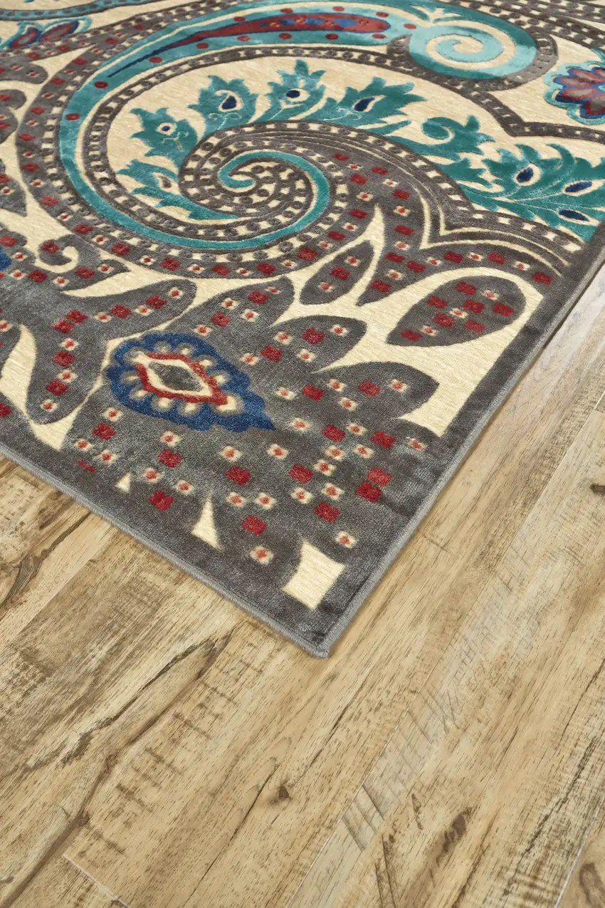 8' Tan Blue and Taupe Paisley Power Loom Runner Rug Photo 7