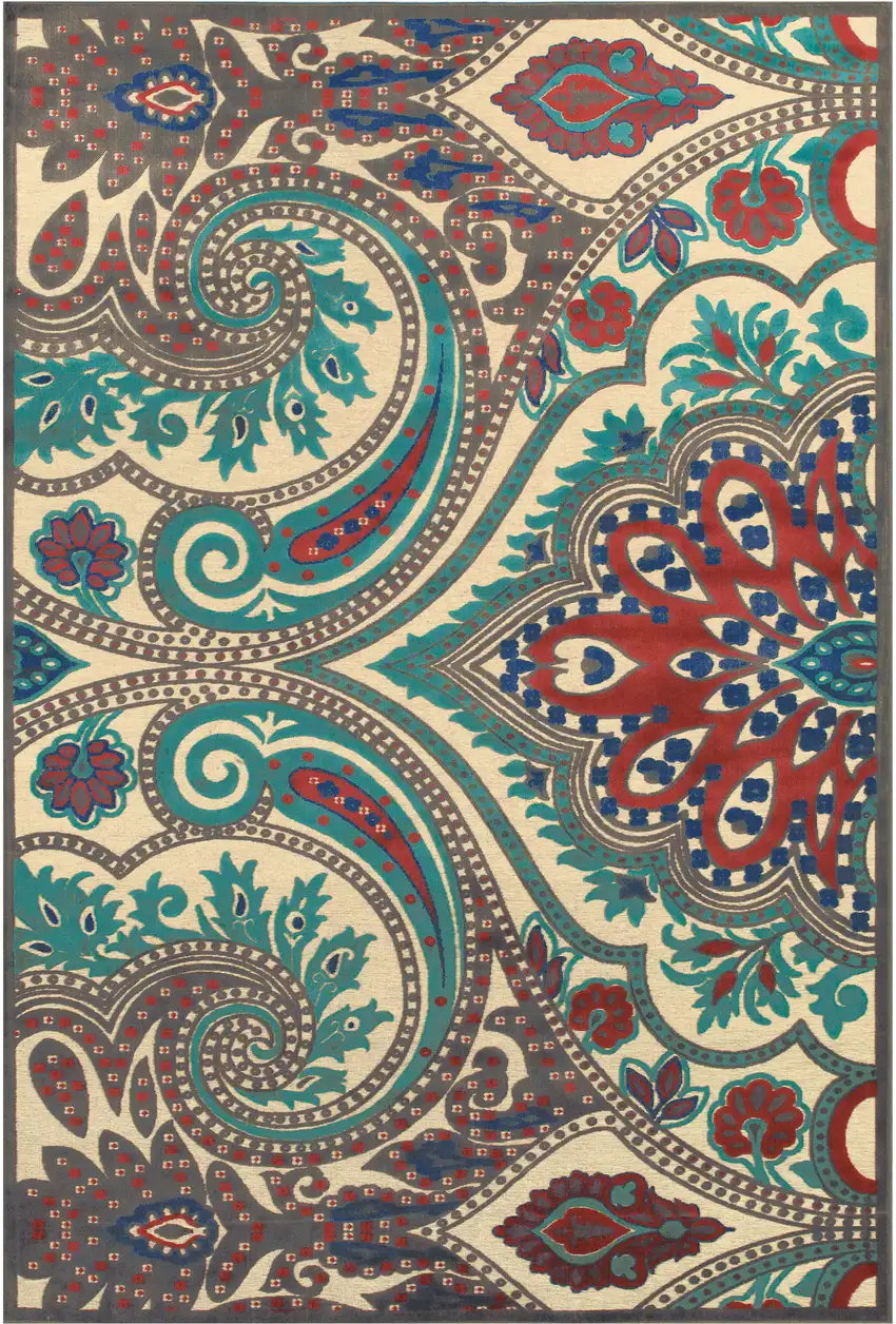 8' Tan Blue and Taupe Paisley Power Loom Runner Rug Photo 2