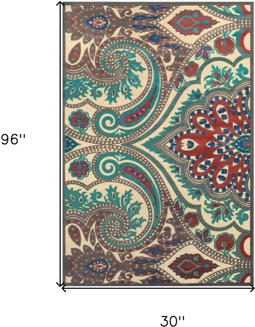 8' Tan Blue and Taupe Paisley Power Loom Runner Rug Photo 3