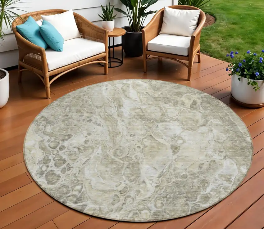 8' Tan Brown And Beige Round Abstract Washable Indoor Outdoor Area Rug Photo 1